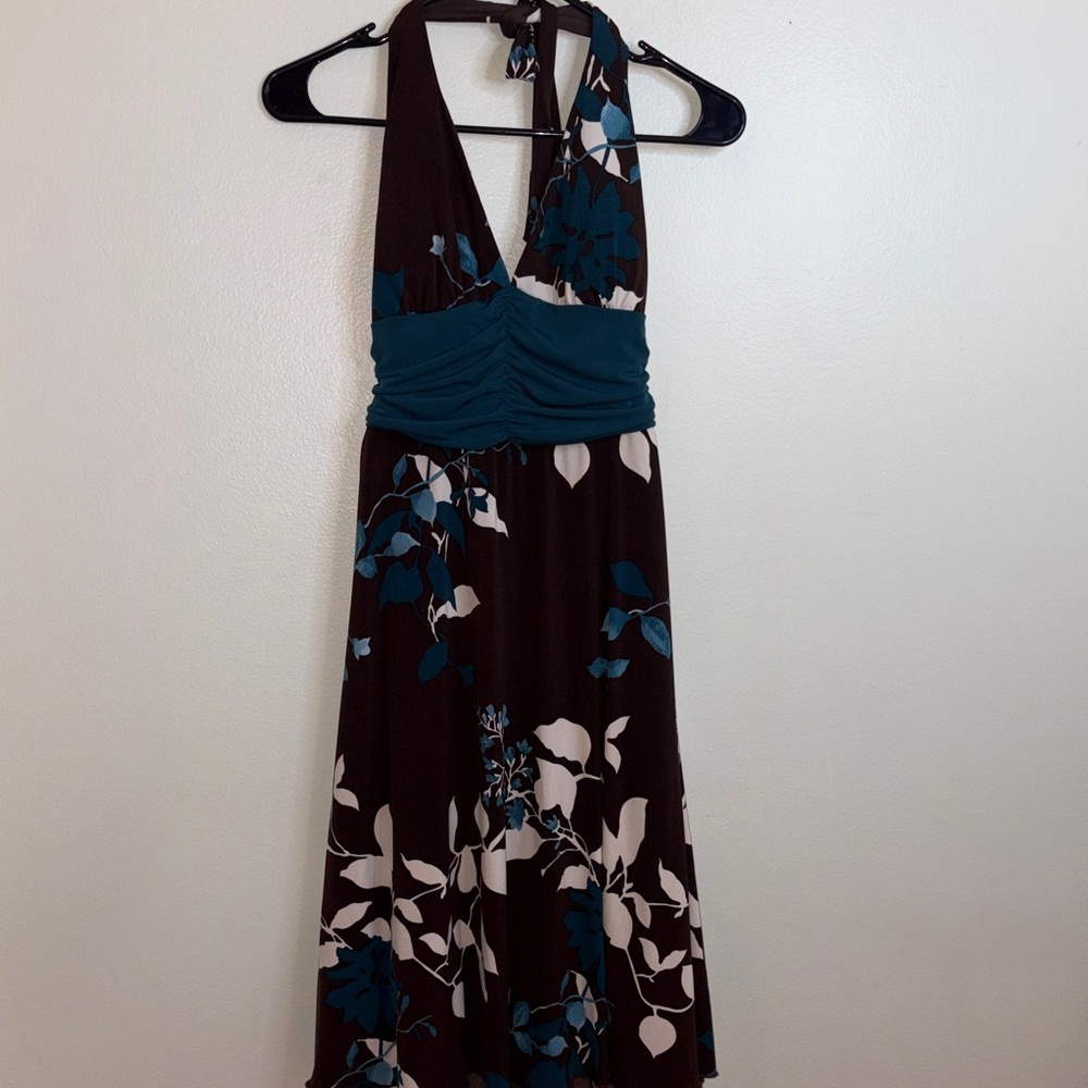 Floral Halter Maxi Dress in Teal and Brown